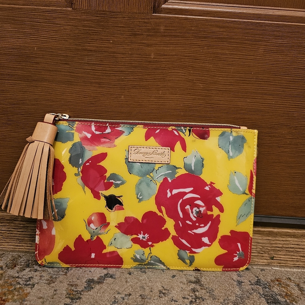 Vintage Dooney & Bourke Yellow Cabbage Rose Pattern Carrington Pouch